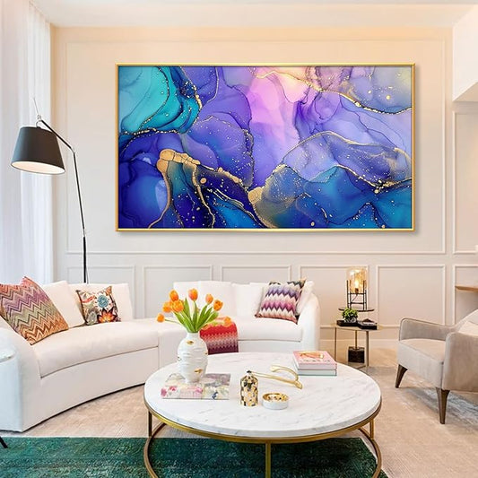 Abstract Marble Canvas Wall Art, Alcohol Ink Wall Art, Purple Canvas Wall Art, Blue Purple Marble Painting, Abstract Wall Art, Purple and Gold Wall Decor, Canvas Wall Art for Living Room (Gold Metal Frame, 36"x20" | 92x52cm)
