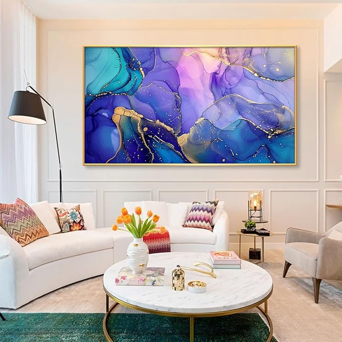 Abstract Marble Canvas Wall Art, Alcohol Ink Wall Art, Purple Canvas Wall Art, Blue Purple Marble Painting, Abstract Wall Art, Purple and Gold Wall Decor, Canvas Wall Art for Living Room (Gold Metal Frame, 48"x27" | 122x68cm)