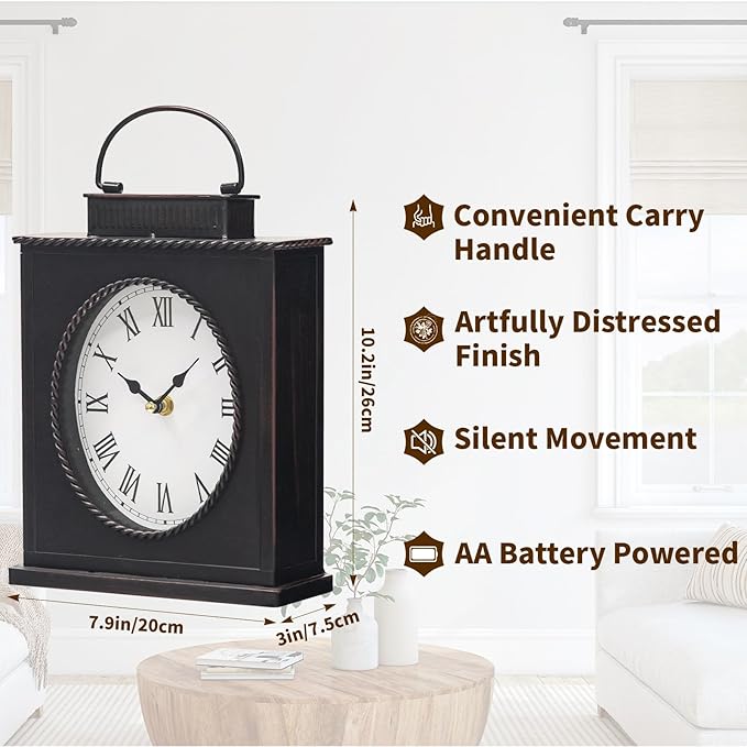 MODE HOME Vintage Mantel Clock, Large Rustic Distressed Metal Table Clock with Handle, Silent Non-Ticking Quartz Movement, Antique Brown Fireplace Shelf Desk Clock for Living Room Bedroom Office