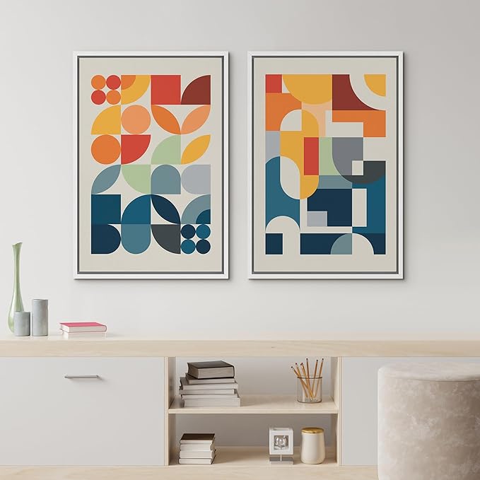 IDEA4WALL Framed Canvas Print Wall Art Set Mid-Century Modern Red & Blue Geometric Color Blocks Abstract Shapes Illustrations Modern Art Decorative Minimalist Multicolor for Bedroom - 24"x36"x2 White