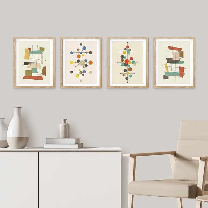 SIGNWIN Framed Mid-Century Modern 1960s Vintage Nordic Polygons Wall Art, Set of 4 Abstract Geometric Wall Decor Prints, Nature Wilderness Wall Décor for Living Room, Bedroom - 12"x16" Natural