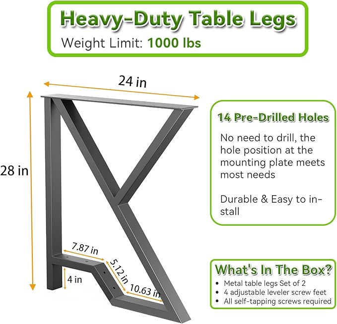 Upgraded Metal Desk Legs, 28 Inch x 24 Inch, 2 Tier Heavy Duty with Foot Rest, K-Shape Black Dining Table Legs (Set of 2)