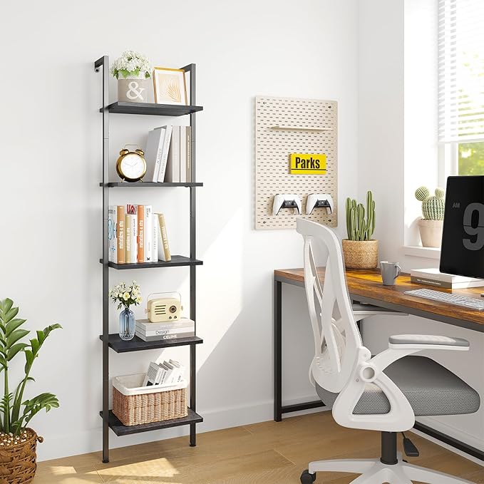 ELYKEN Ladder Shelf, 5-Tier Wood Wall Mounted Bookshelf with Metal Frame, Vintage Open Display Organizer Rack, Leaning Storage Shelves for Living Room, Bedroom, Home Office, Black