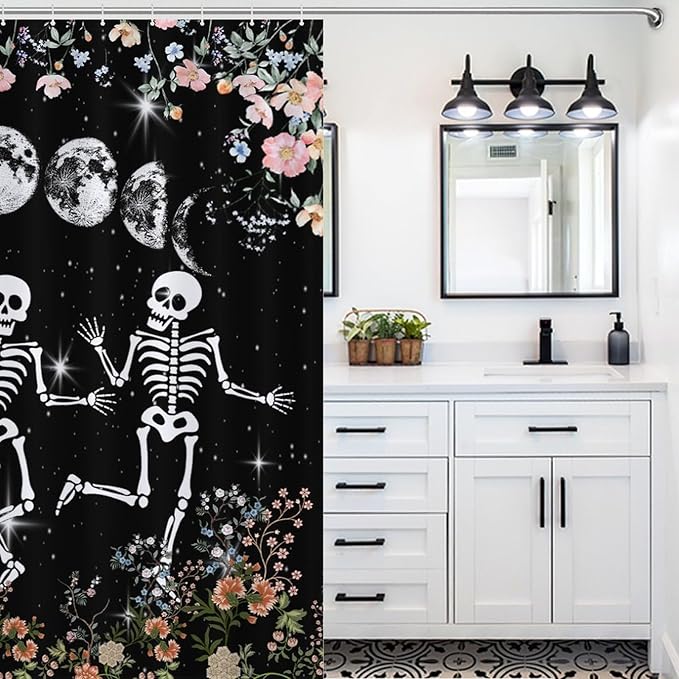 Skull Skeleton Flower Moon Shower Curtain Gothic Moon Phase Scary Horror Black Spooky Flower Holiday Waterproof Shower Curtains for Bathroom Decor 12 Pack Hooks 72x72in (183x183cm)