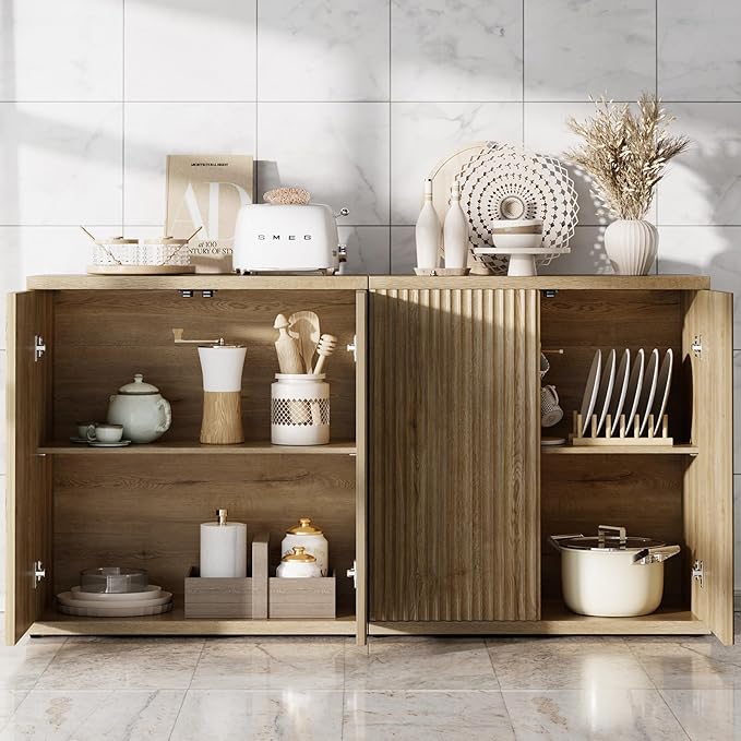 Fluted Buffet Cabinet Sideboard with Storage,Wooden Credenza with 2 Doors&Adjustable Shelve, Modern Accent Cabinets Coffee Bar Bookcase for Living Room,Kitchen Dining Room Entryway 15"D Natural Oak
