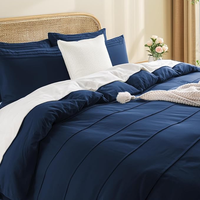 NEXHOME PRO 100% Organic Cotton Duvet Cover Full Size, Linen Like Pleated Textured Navy Duvet Cover Set, 3pc Bedding Set with Zipper Closure, Soft, Lightweight and Breathable (80"x90", No Comforter)