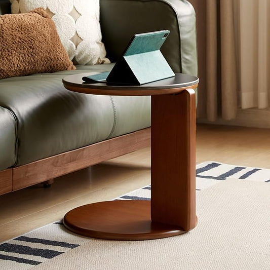 YESWOOD Round Coffee Table, Wood Coffee Table Side Table with Sintered Stone Top, Mid Century Morden Table,Small Coffee Table Living Room Table for Bedroom Balcony Living Room (17.7" D x 18.9" H)