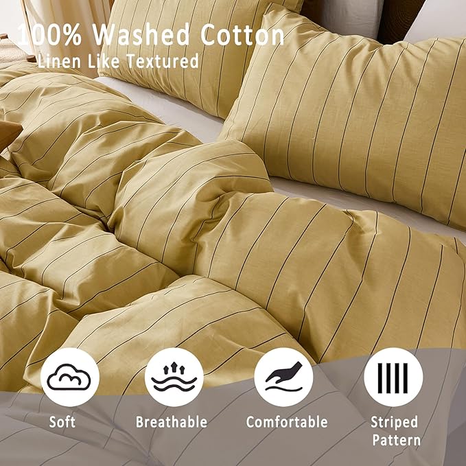 Merryword Yellow Striped Duvet Cover Set King Size, Natural Cotton Bedding Set with Zipper Closure & 8 Corner Ties, Soft Breathable Luxury Linen Like Bedding for All Seasons