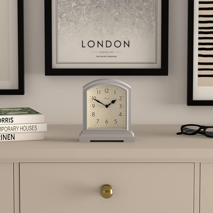 JONES CLOCKS® Tavern Mantel Clock | Modern Arch top Design | Pale Gray | Contemporary Classic Style for Desk, Table, Shelf or Bedside