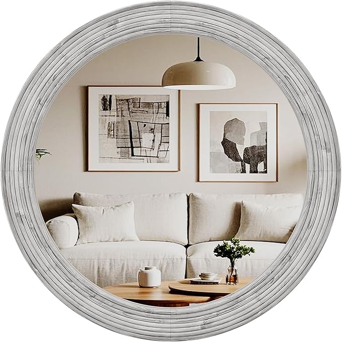 ULIKE Round Rustic Mirror for Bathroom, Farmhouse Mirror with Wood Frame, 24x24 Inch White Vanity Mirrors for Wall Decor of Bedroom or Living Room