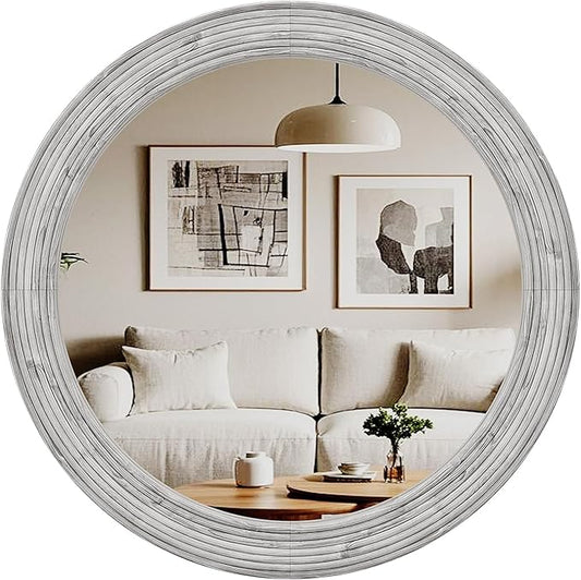 ULIKE Round Rustic Mirror for Bathroom, Farmhouse Mirror with Wood Frame, 24x24 Inch White Vanity Mirrors for Wall Decor of Bedroom or Living Room