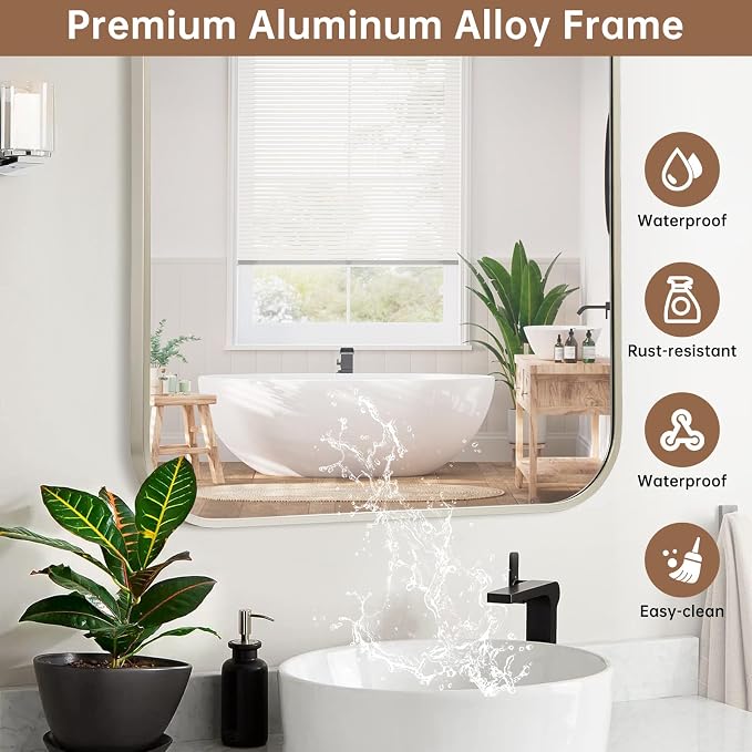Brushed Nickel Mirror, 24"x36" Rectangle Bathroom Mirror, Metal Frame Rectangle Corner Vanity Mirror, Wall Mounted Mirror for Modern, Living Room, Bedroom, Horizontal Or Vertical