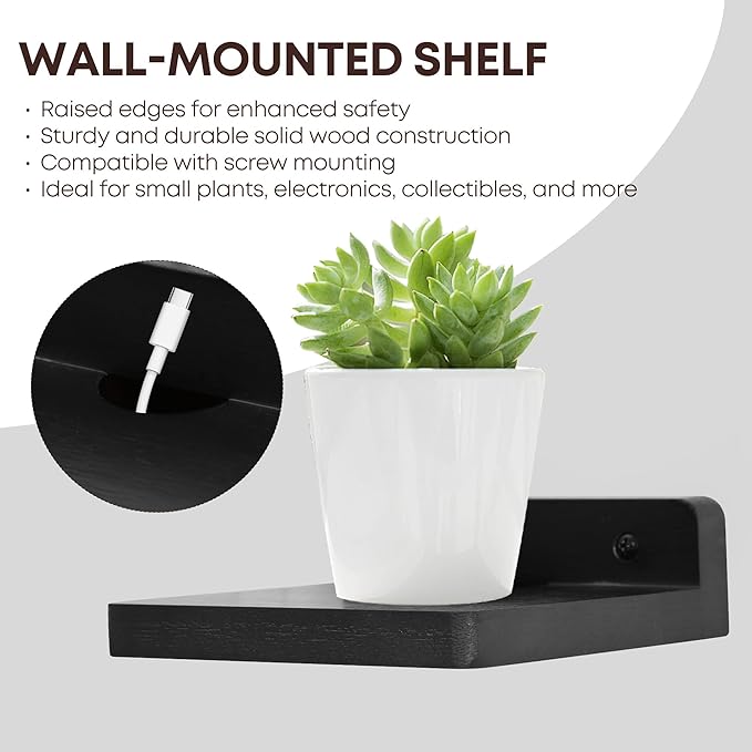 Small Floating Shelf for Wall,5 Inch Wooden Wall Shelf Set of 2,Mini Speaker, Baby Monitor,Cameras，Figurines Display Stand, for Bedroom, Gaming Room, Living Room, Bathroom, Office(Black)