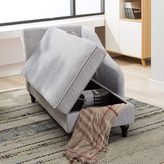 Chaise Lounge Chair Indoor with Storage, Upholstered Chaise Lounge with Left Armrest Recliner Sofa Chair for Living Room Bedroom Office Gray Chenille