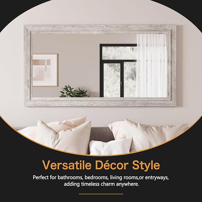 Rustic Wall-Mounted Vanity Mirror, Solid Wood Frame Bathroom Mirror, Farmhouse Style for Living Room, Bedroom, Entryway, Horizontal/Vertical Hanging