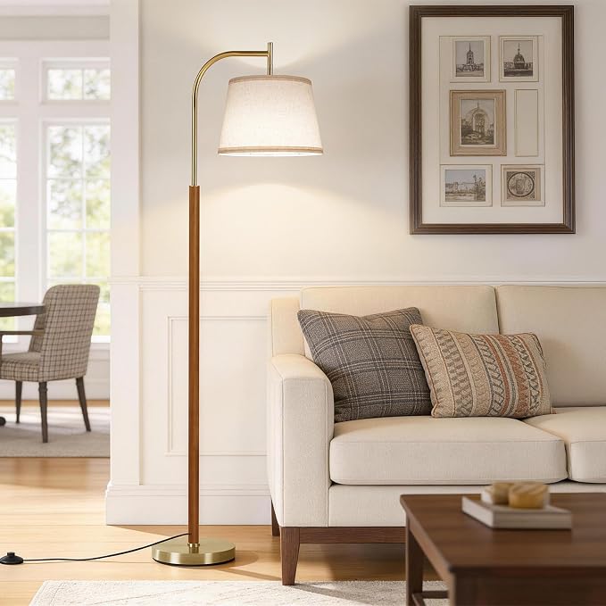 SUNMORY Wood Floor Lamp for Living Room, Mid Century Modern Floor Lamp with 3 Color Temperatures Bulb, Arc Standing Lamp with Adjustable Lampshade, Tall Reading Lamp for Bedroom, Corner, Office