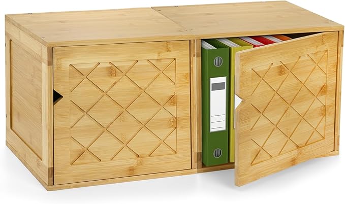 Fasmov Cube Storage Organizer, Bamboo Cube Bookshelf, Stackable Connect Storage Cube Cubby Organizer with Door, Stackable Cubes Bin for Bedroom, Home and Office