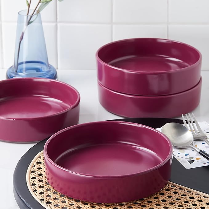 Stone Lain Cleo Stoneware 16-Piece Modern Dinnerware Set, Plates and Bowls, Magenta, Service for 4, Microwave & Dishwasher Safe