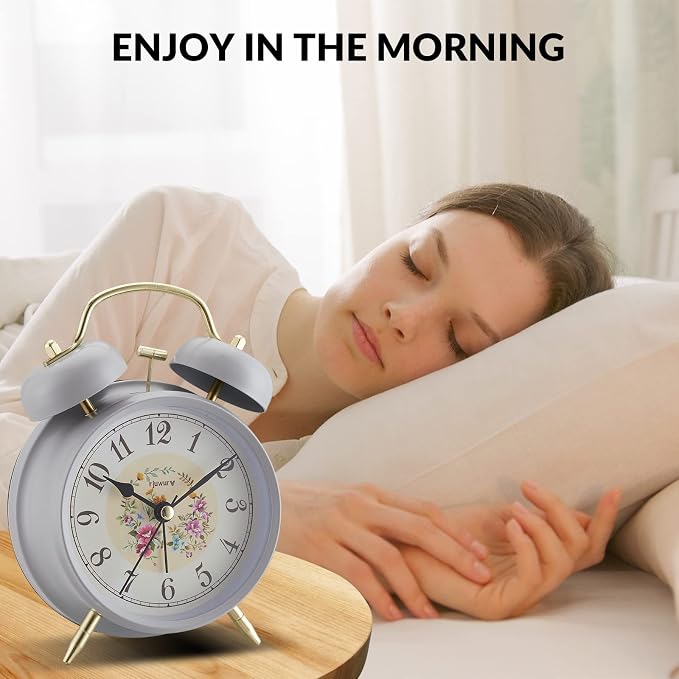 rjuwurv 4in Loud Alarm Twin Bell Alarm Clock, Night Light, Desk Clock, Bedroom Alarm Clock (Gray Rural)