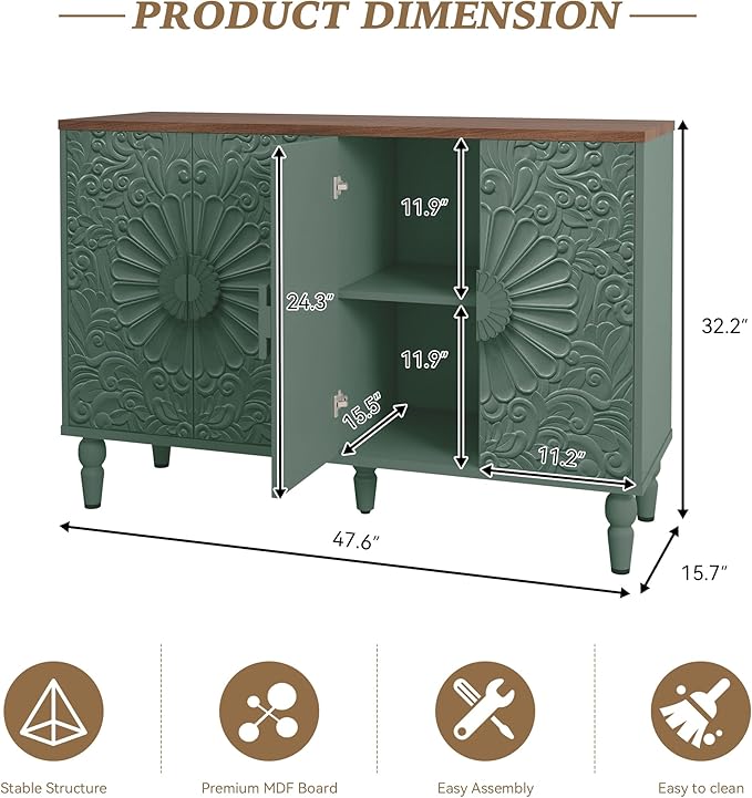 Accent Cabinet with 4 Vintage Carved Flower Pattern Doors, 47" Sideboard Buffet Cabinet with Storage, Decorative Cabinet Wood Credenza for Living Room, Hallway, Green