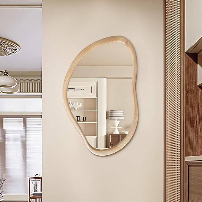 Irregular Wall Mirror with Wood Frame, 35" x 24" Natural Wood Asymmetrical Mirror, Decorative Mirrors for Bedroom Living Room Entryway Hallway Cloakroom, Shatterproof, Horizontal/Vertical