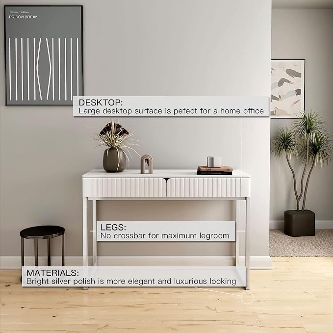 Tamworth Design Modern Multi-Purpose Desk, White & Antique Brass, 43" L x 15.75" W, 2 Large Drawers, Computer/Vanity/Study, Adult Size