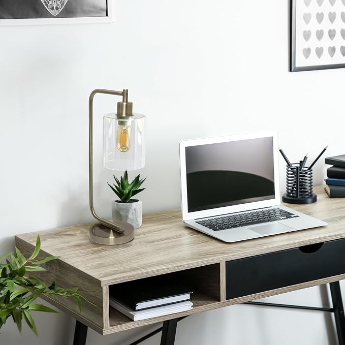Simple Designs LD1036-ABS 18.8" Industrial Vintage Bronson Antique Style Industrial Iron Lantern Desk Table Lamp with Glass Cylinder Shade for Home Décor, Office, Living Room, Bedroom, Antique Brass