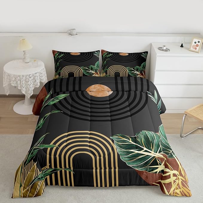Erosebridal Mid Century Toddler Bedding Set Brown Black Boho Geometric Comforter Set Tropical Modern Palm Leaf Down Comforter for Kids Teens Abstract Bohemian Aesthetic Bed Set Bedroom Decor