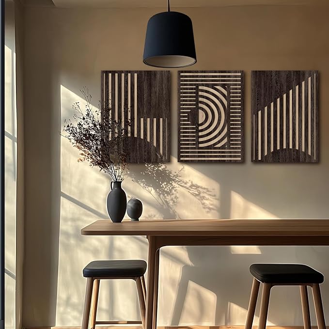 Abstract Geometric Wall Art Vintage Rectangle Wood Grain Effect Prints Pictures Wall Decor 3 Pcs, Rustic Mid Century Brown Minimalist Geometric Paintings Artwork for Home Bedroom Living Room 12x16"