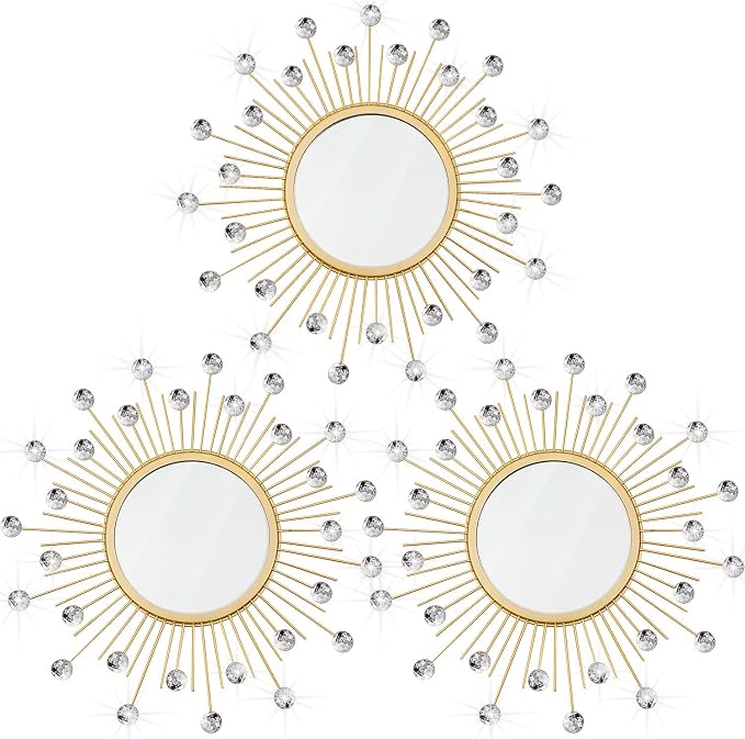 3 Pack Metal Mirrors for Wall Sunburst Wall Mirrors Home Décor Decorative Hanging Wall Art for Living Room Bedroom Entryway (Gold Crystal, Sunburst)