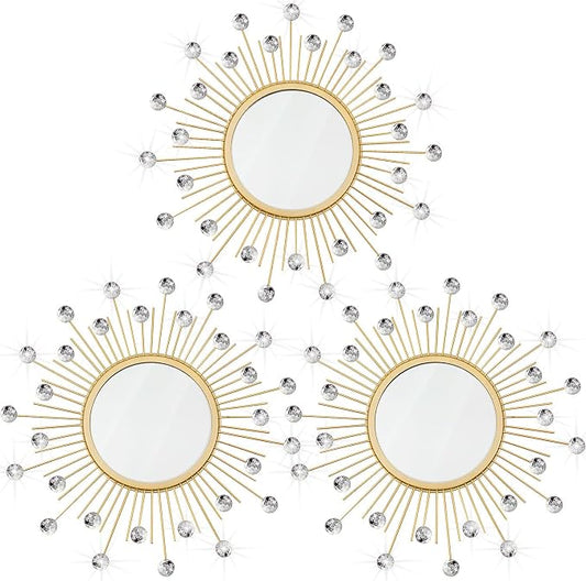 3 Pack Metal Mirrors for Wall Sunburst Wall Mirrors Home Décor Decorative Hanging Wall Art for Living Room Bedroom Entryway (Gold Crystal, Sunburst)