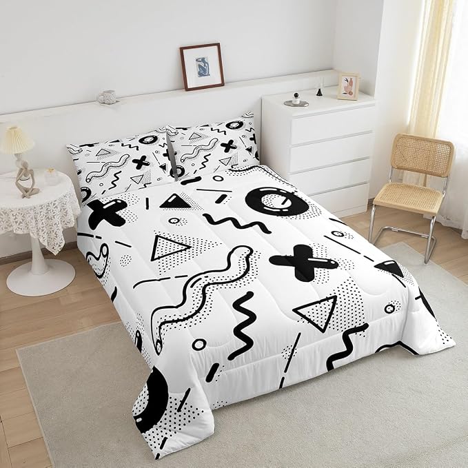 Manfei Memphis Comforter Set Twin Size, Retro 80s 90s Fashion Style Quilt Set with 1 Pillowcase, Geometric Black White Bedding Set 2pcs for Kids Boys Room Decor Lightweight Duvet Insert