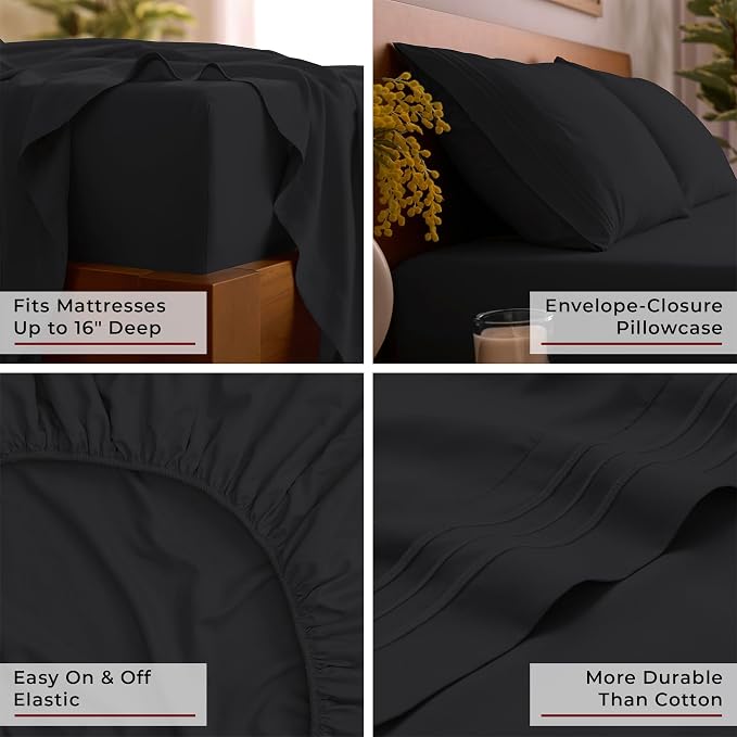 Mellanni Twin Sheets Set - 3 PC Iconic Collection Bedding - Hotel Luxury, Extra Soft, Cooling Bed Sheets - Wrinkle, Fade, Stain Resistant (Twin, Black)