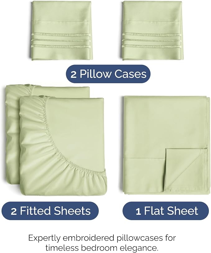 Split King Size 5 Piece Sheet Set - Comfy Breathable & Cooling Sheets - Hotel Luxury Bed Sheets for Women & Men - Deep Pockets, Easy-Fit, Soft & Wrinkle Free Sheets - Light Sage Green Oeko-Tex Sheets