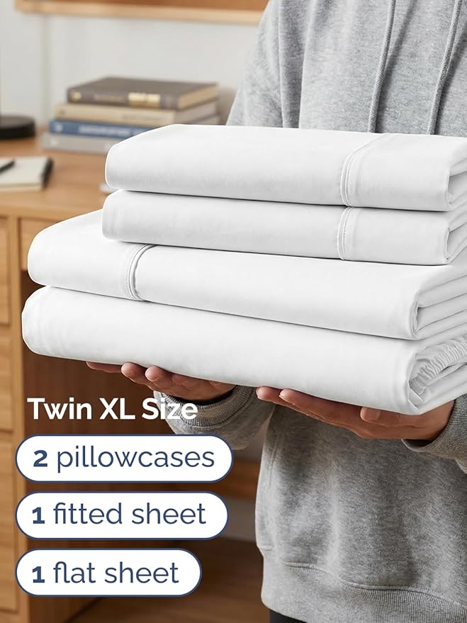 Extra Deep Twin XL Sheet Set - 4 Piece College Dorm Bed Sheets Set with Extra Deep Pockets - Ultra-Soft, Comfy & Breathable Bedding for Women, Men, Kids & Teens - Wrinkle Free & Fade Resistant - White
