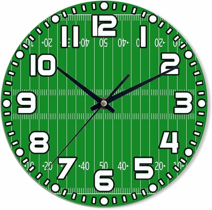 American Football Field Wall Clock 10 inch Round Silent Non Ticking Wood Wall Clocks Battery Operated Easy to Read Decorative Wall Clock for Bedroom Kitchen Living Room Bathroom