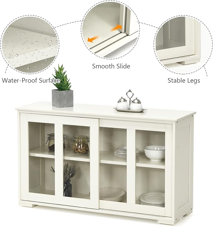 Sideboards Buffet Cabinet, Sliding Tempered Glass Door Coffee Bar, Console Table with Adjustable Shelf, Credenzas for Living Room, Stackable Kitchen Cupboard for Dining Room (White)