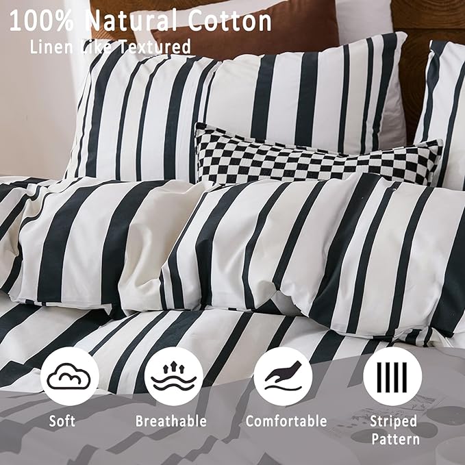 Merryword Black and White Striped Duvet Cover Set Queen Size - 100% Cotton Duvet Cover Set with Vertical Stripe Design, Soft Breathable Comforter Cover for All Seasons