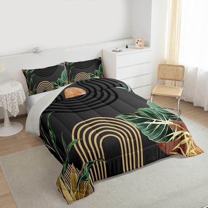 Erosebridal Mid Century Bedding Set Twin Brown Black Boho Geometric Comforter Set Tropical Modern Palm Leaf Down Comforter for Teenager Abstract Bohemian Aesthetic Bed Set Bedroom Decor