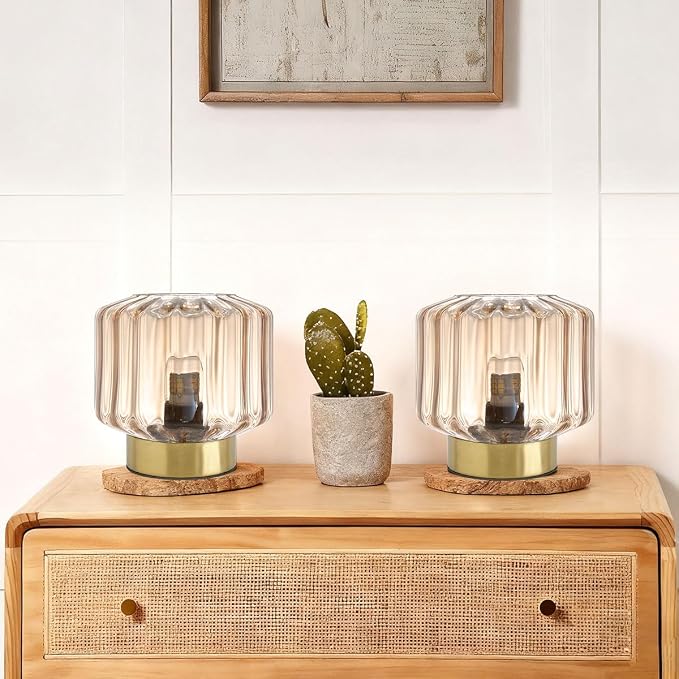 Mid Century Modern Table lamp Small Table Lamps with Touch Switch Amber Glass Table lamp Gold Desk lamp nightstand lamp Bedside Table Lamps for Bedroom Living Room Office