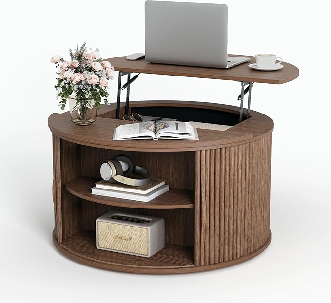 31.5" Round Lift Top Coffee Table with Hidden Storage, Mid Century Modern Walnut Drum Coffee Table for Living Room, Wood Fluted Design Center Table for Small Apartment & WFH