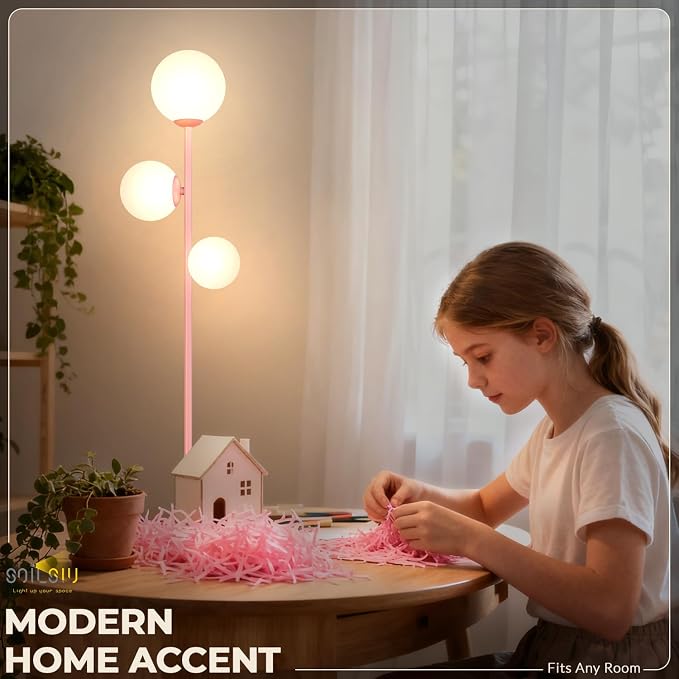 3 Globe Floor Lamp - Mid Century Modern Standing Light with 3 Color Temperatures, LED Bulbs, Frosted Glass Shades for Living Room (Pink)