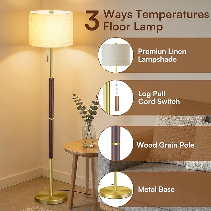 62" Mid Century Modern Floor Lamp, Walnut Standing Lamp with 3-Color Temperature and Pull Chain, Weighted Anti-Tip Base for Safety, Floor Lamps for Living Room Bedroom Corner (6500K Bulb Included)