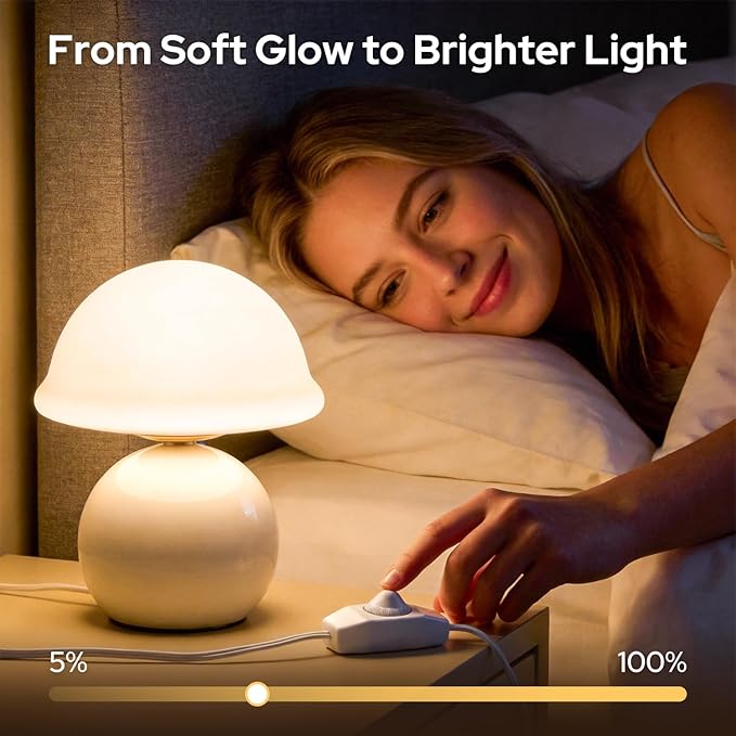 Mushroom Table Lamp for Bedroom, Cozy Bedside Lamp with Glass Shade, Stepless Dimmable Nightstand Lamp for Relaxing Bedroom Decor & Aesthetic Home (White)