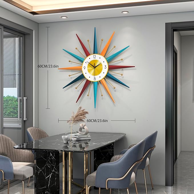 Large Starburst Wall Clock for Living Room Decor 24 Inch Metal Decorative Mid Century Wall Clcok Big Modern Silent Quality Quartz Clock Battery Operated Non Ticking for Kitchen Office Bedroom