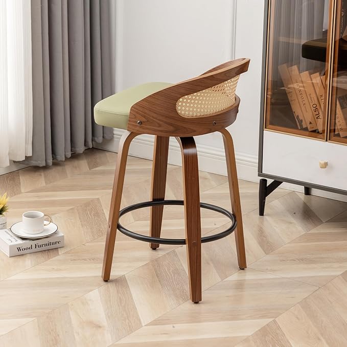 26" Swivel Rattan Bar Stools,Mid-Century Modern Green Leather Upholstered Counter Height Stools,Kitchen Island Barstools with Rattan Low Backrest,Walnut Wood Finish Bar Chair,1PCS