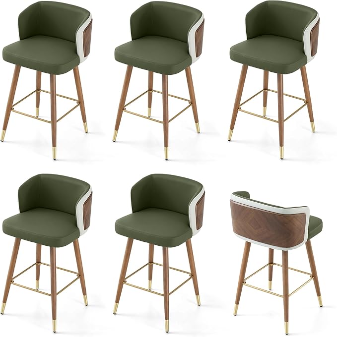 ARTPLAN Mid Century Modern Bar Stools Set of 6 for Counter Height - Leather Upholstered Seat with Walnut Wood Frame, Retro 34 Inch Bar Chairs for Home Kitchen Island, Bar, Breakfast Nook,Army Green