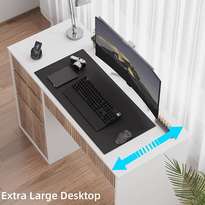 4 EVER WINNER White Desk with Drawers, 48 Inch Computer Desk with Hidden Handle and Storage Cabinet, Writing Desk with Drawers for Home Office Study Table, White and Walnut