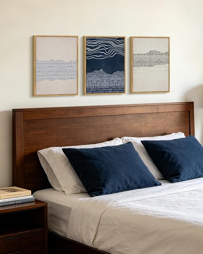 KUVIOKE Navy Blue Abstract Framed Wall Art Modern Neutral Minimalist Wooden Pastel Boho Wall Decor Farmhouse Rustic Art Painting Home Decor 11x14in (Natural Framed)