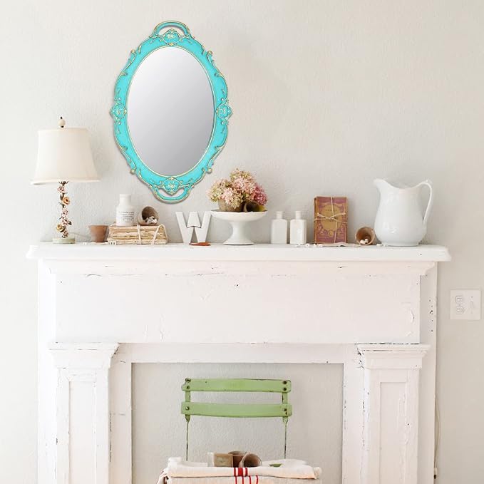 Eaoundm 14.5 x 10 inchs Oval Antique Decorative Wall Mirror Vintage Hanging Mirror (Blue)